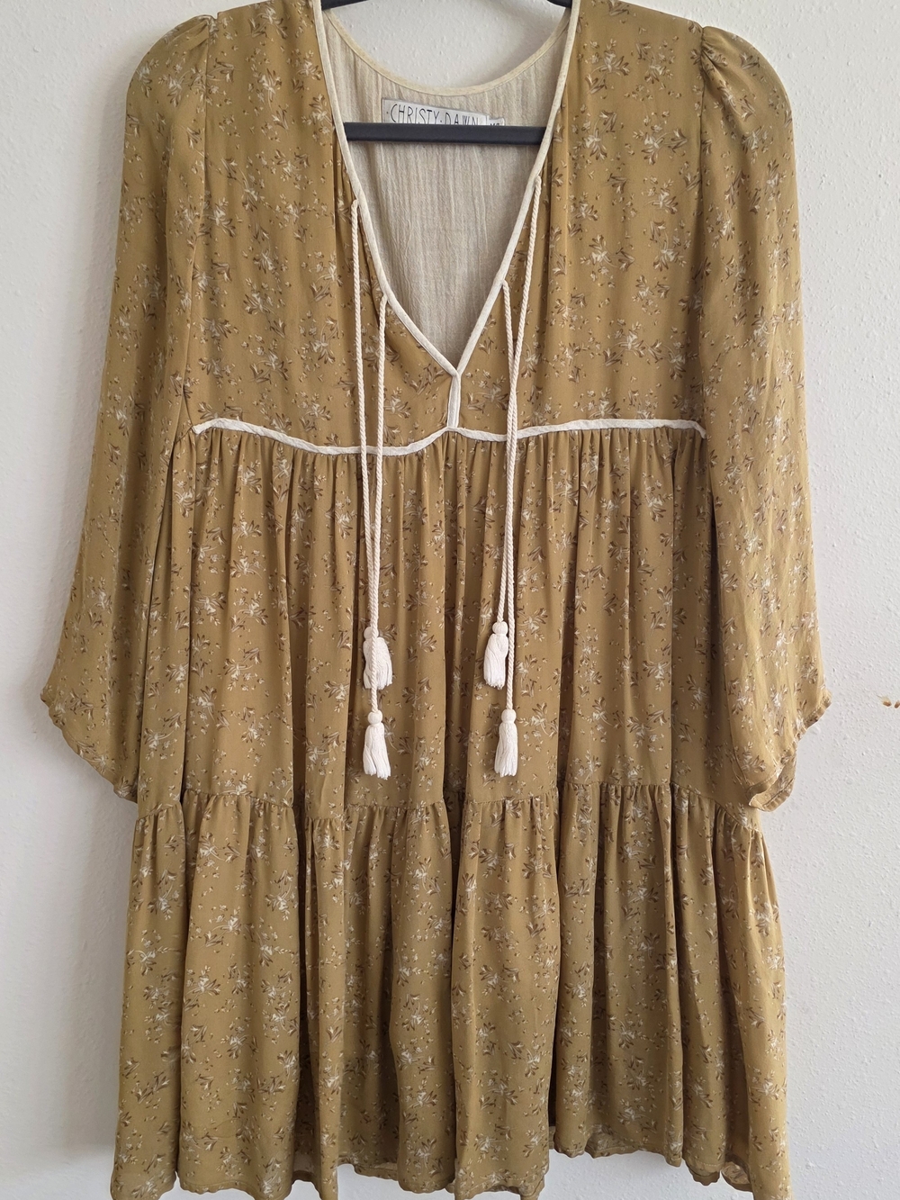 Christy Dawn Mustard Floral Tiered Mini Dress with Tassel Ties